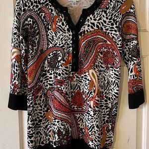 Paisley print top with large black glass bead on black trim